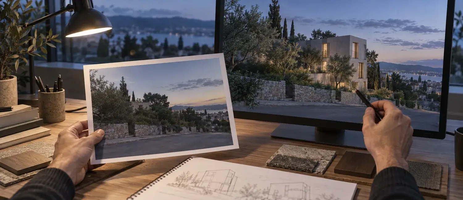 Illustration d'une photographie de site comparée à une visualisation architecturale