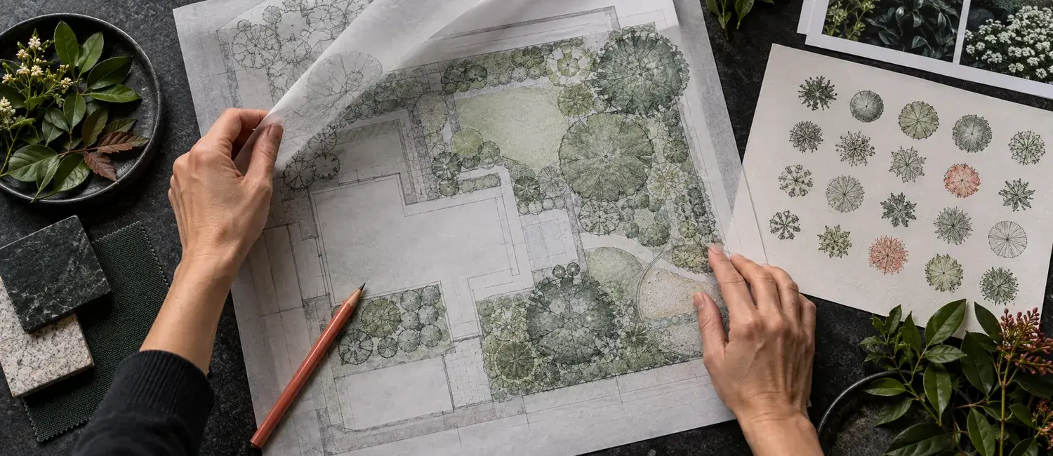 Illustration d'un plan de plantation avec symboles végétaux et calque
