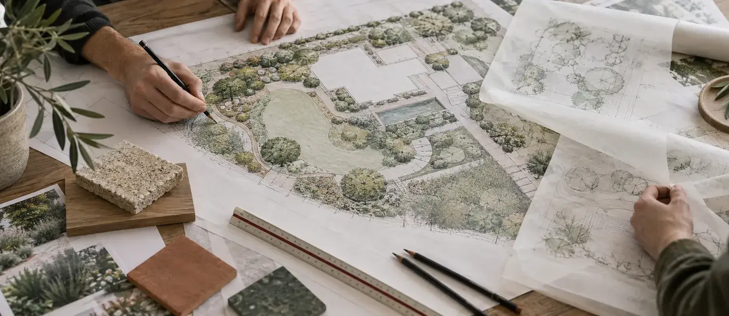 Illustration d'un plan paysager et de calques de travail sur une table