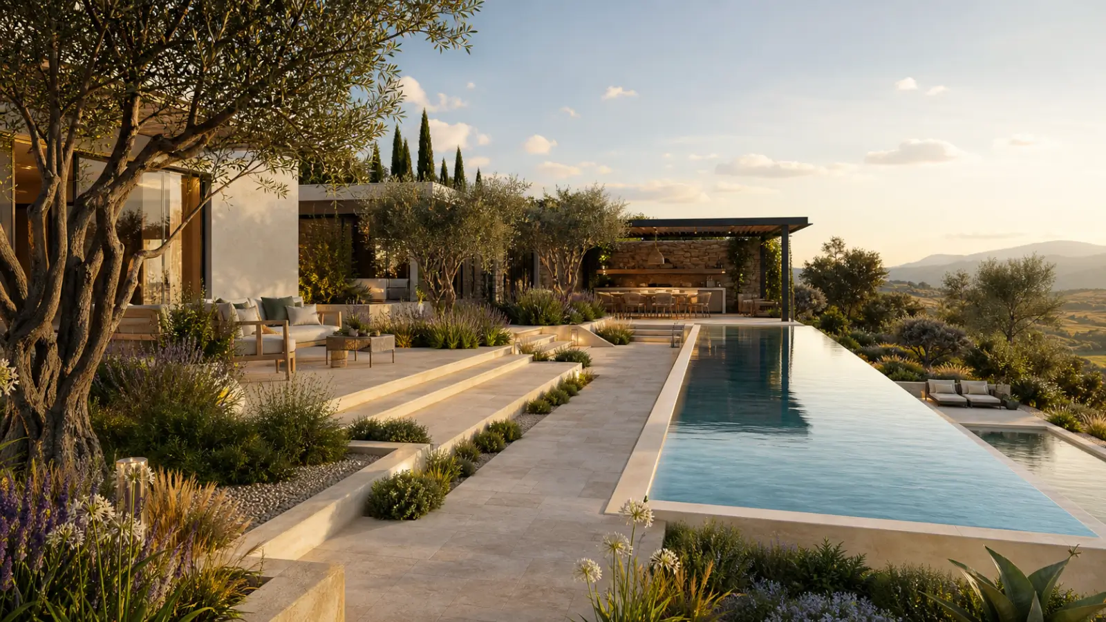 Jardin de villa méditerranéenne avec piscine à débordement, oliviers et terrasses en pierre.