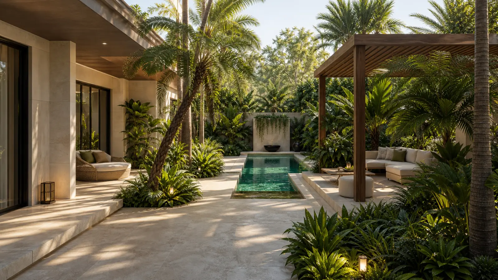 Cour tropicale de villa avec bassin de nage, palmiers et pavillon en bois.