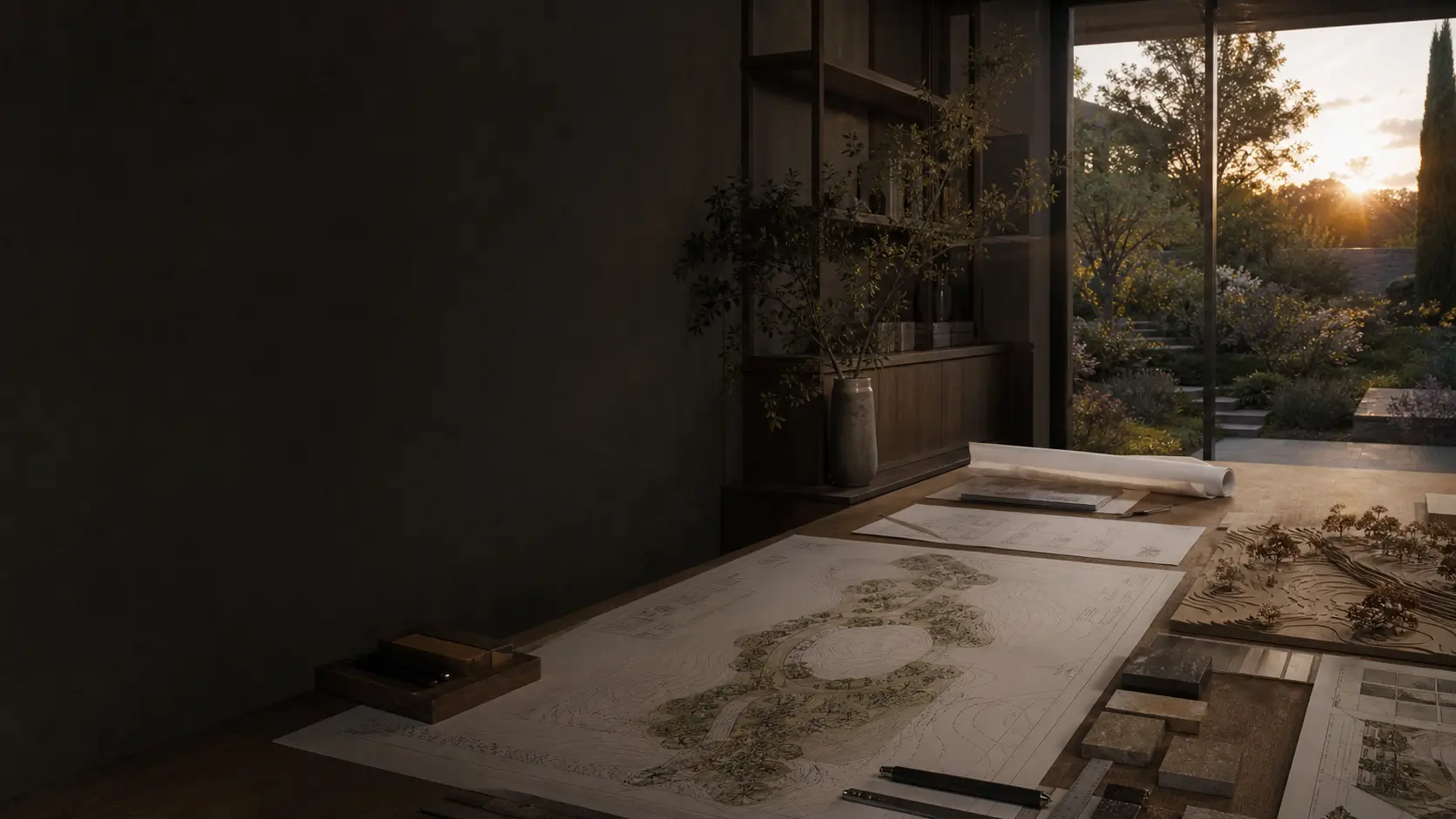 Table de conception paysagère avec plans techniques, maquette de terrain et jardin au crépuscule.