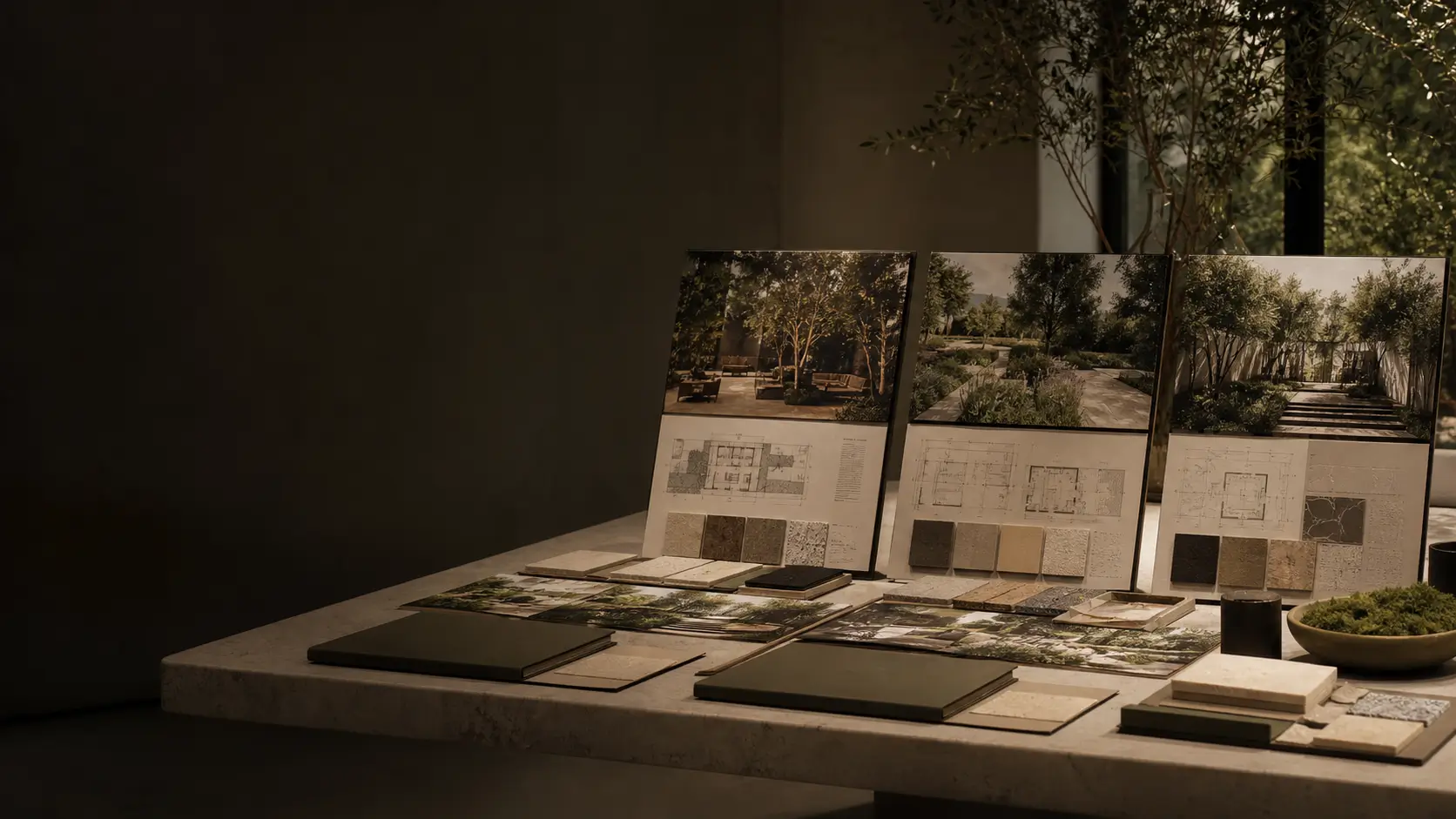 Trois planches de présentation paysagère avec rendus, plans et matériaux dans un studio.