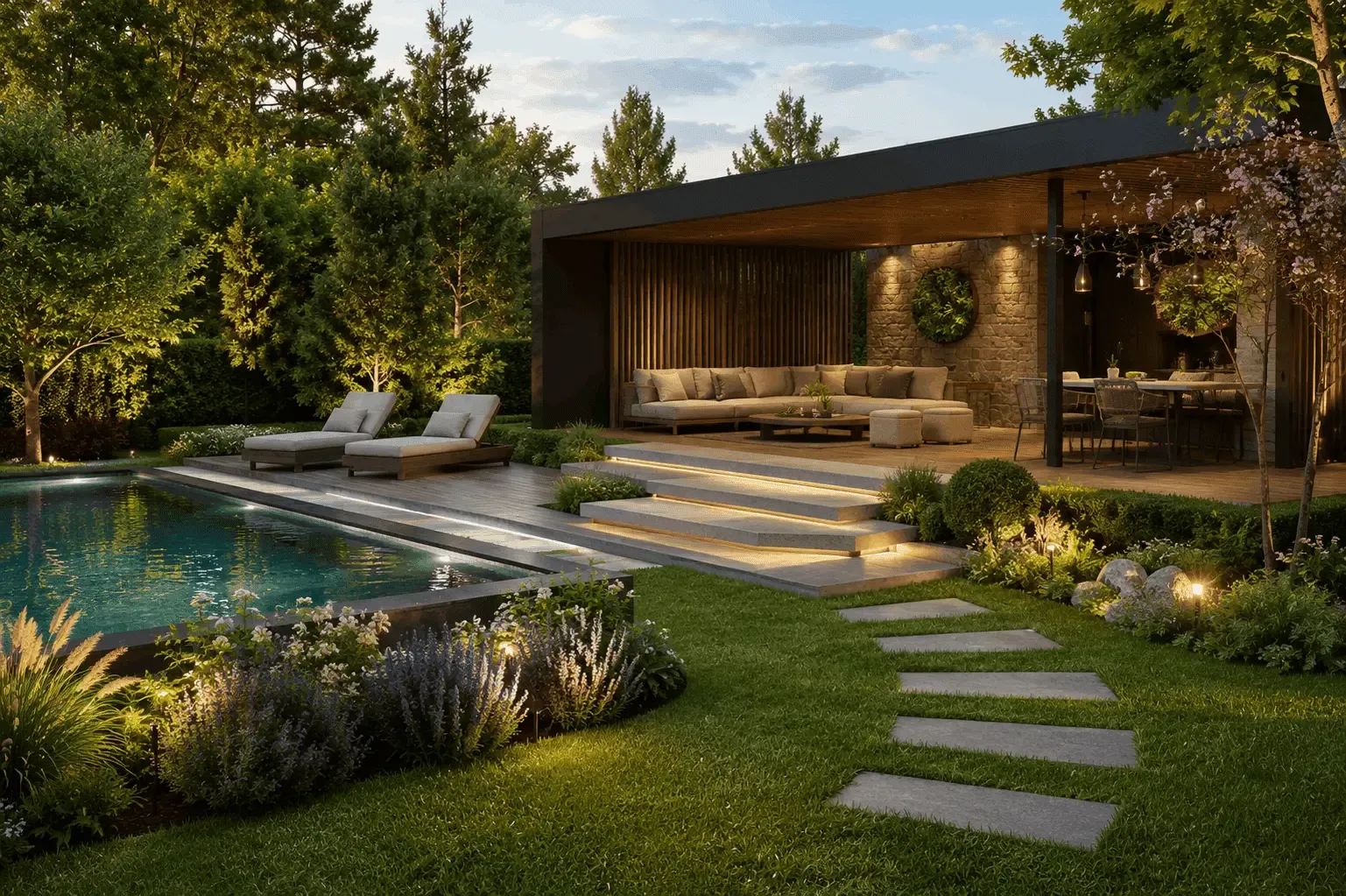 Rendu 3D photoréaliste d'un jardin contemporain avec piscine et espace lounge.