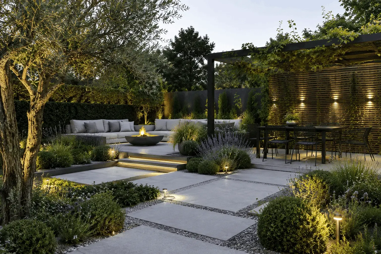 Perspective 3D photoréaliste d'un jardin contemporain au crépuscule.