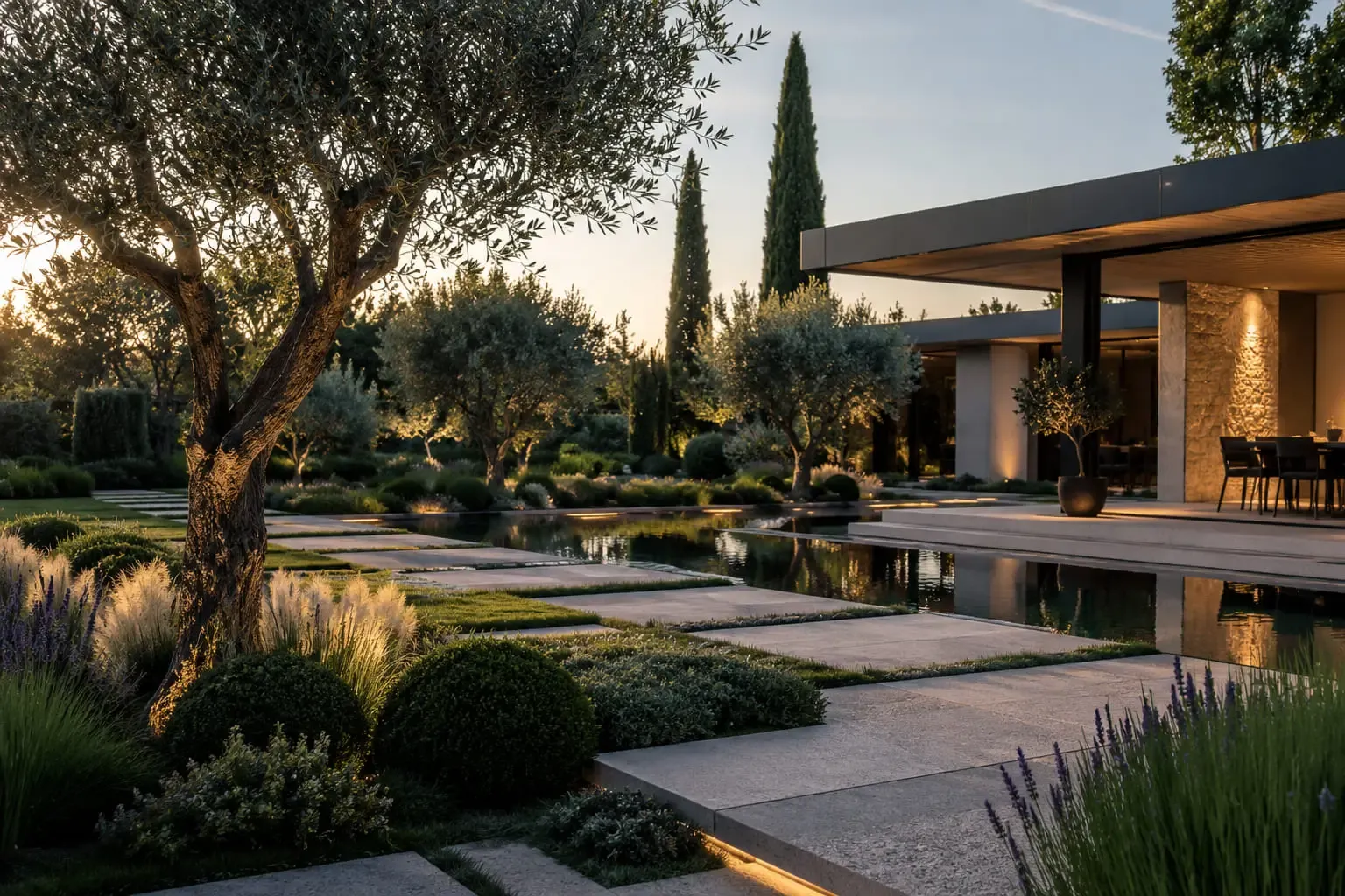 Vue immersive d'un aménagement paysager avec piscine et pergola.